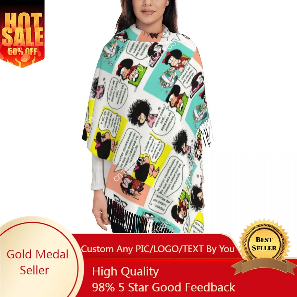 

Custom Mafie Cartoon Mafalda Scarf for Women Fall Winter Shawls and Wrap Kawaii Anime Long Large Shawl Scarf for Evening Dress