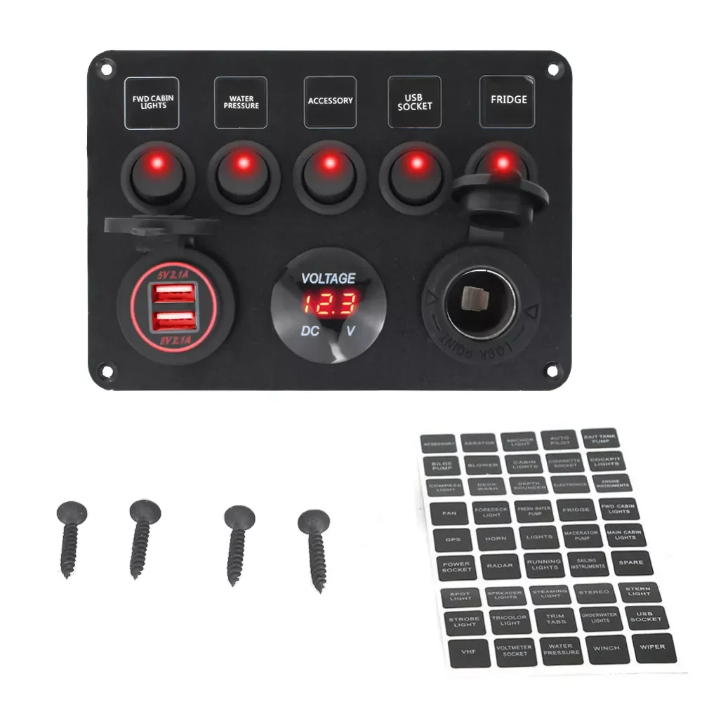 

5 Gang Boat Switch Panel Car Switch Panel Waterproof Digital Voltmeter Dual USB Port 12V Outlet Combination Marine LED Rocker
