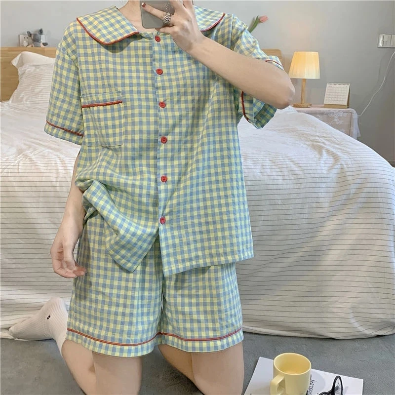 Yasuk Spring Summer Fashion Women's Casual Lovely Red Plaid Sleepwear Cute Kawai Retro Pajamas With Shorts Pants Green Soft