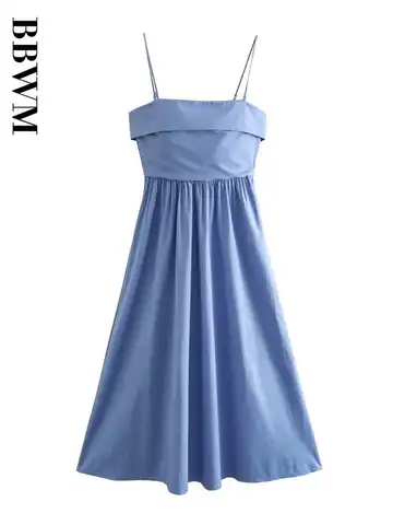 Blue Strap Dress Women Straight Collar Midi Vintage Sleeveless Off Shoulder Dresses 2023 Summer Backless Chic Female Dress