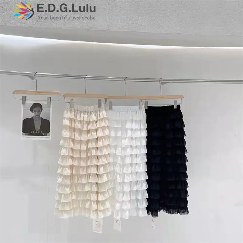

EDGLuLu Women 2022 Summer Fashion High Waist Cascading Ruffles Long Skirts Woman Solid Color Black White Mesh Skirts 0401