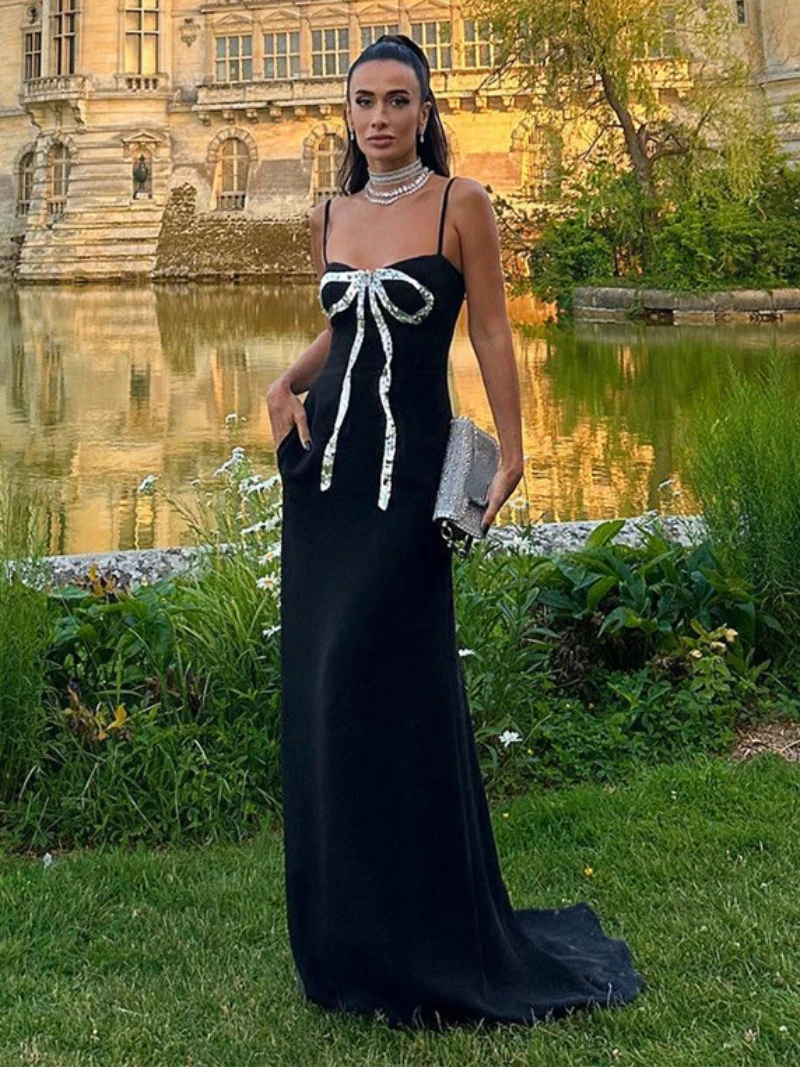 

Luxury Pretty Bowknot Print Long Maxi Slip Dress Holiday Party Streetwear 2023 Fall Sexy Female Sleeveless Black Evening Dresses