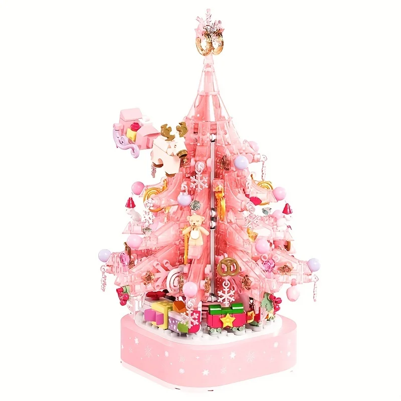 

Christmas Building Toys - Pink Crystal Rotating Music Box - Educational Assembly Blocks - Holiday Gift