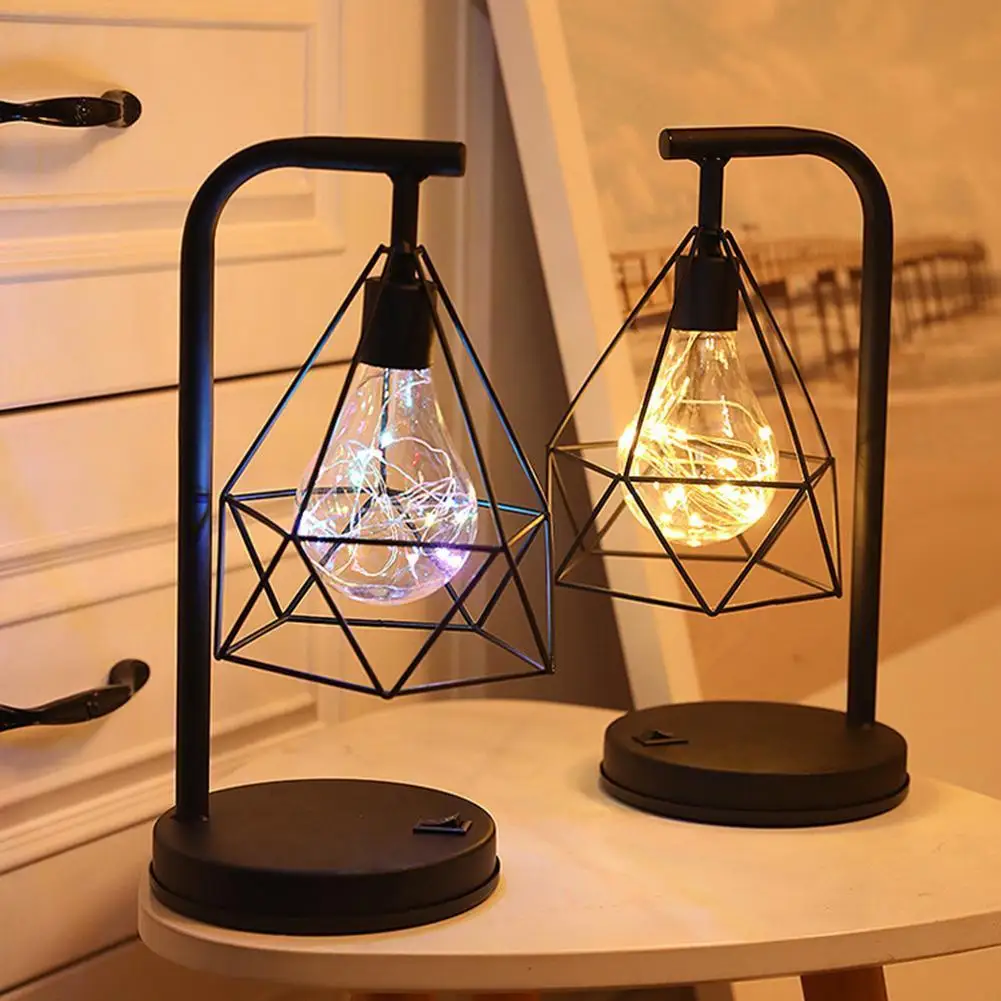 

LED Table Lamps Retro Black Geometric Wire Industrial LED Light Bulb Table Lamps Bed Side Battery Table Lamp