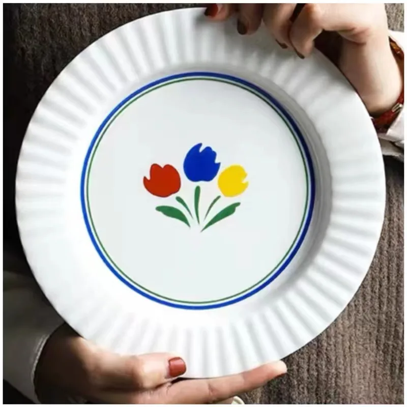 

Romantic Retro Tulip Ceramic Plates French Flower Breakfast Plate Simple And Generous Creative Lace Household Tableware Vajilla