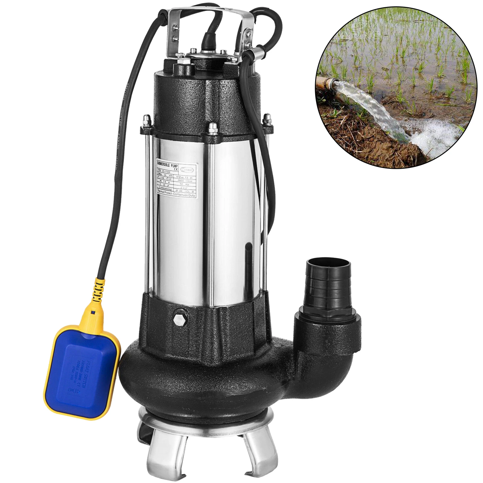 

VEVOR 1,5 HP насос для сточных вод с кабелем 10 м из нержавеющей стали, сверхмощный погружной отстойный насос 6340GPH, насос для орошения сельскохозяй...