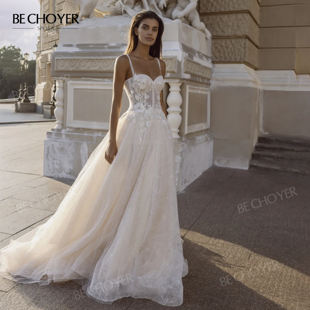 

Женское блестящее свадебное платье BECHOYER, модель 2022 года, без рукавов, с аппликацией из бисера, ТРАПЕЦИЕВИДНОЕ ПЛАТЬЕ со шлейфом, модель R135