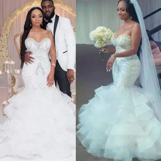 

Mermaid Wedding Dresses Sweetheart Crystal Pearls Beaded Embroidery Ruffled Layered Nigerian Bridal Wedding Gowns 2023