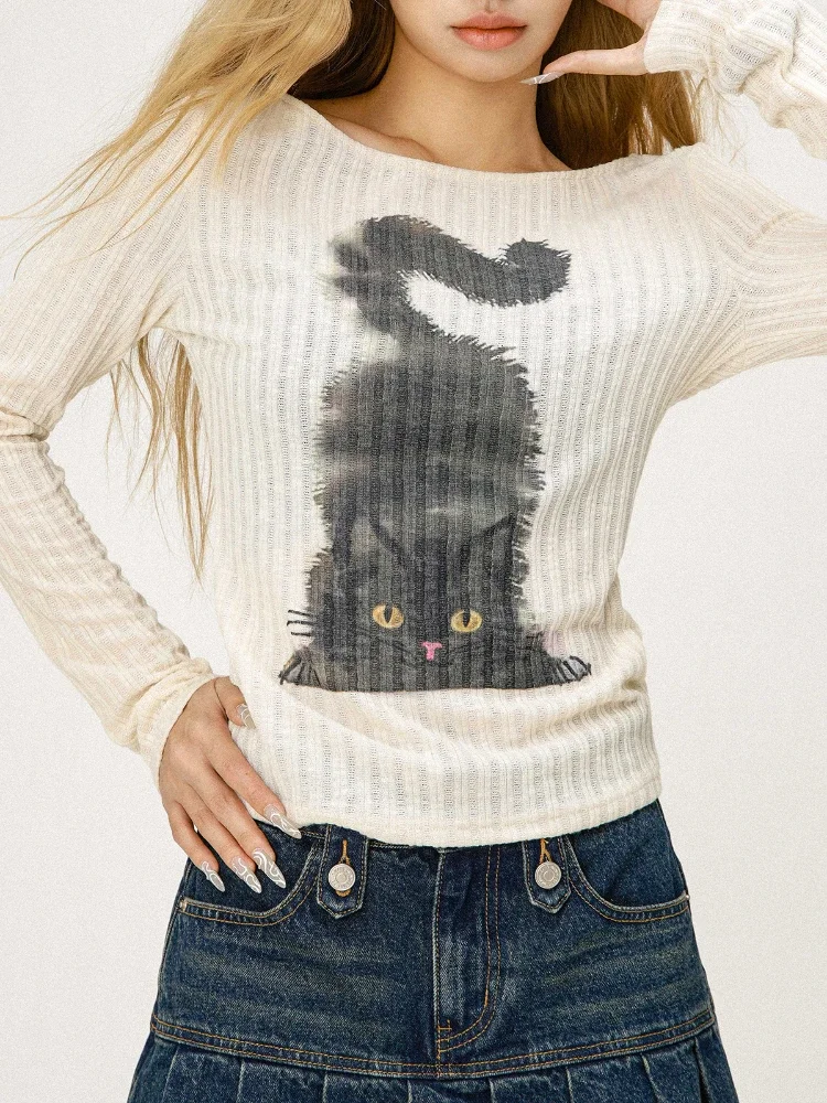 ADAgirl Вязаная рубашка с забавным принтом кота Kawaii Kitty Футболки длинными рукавами и