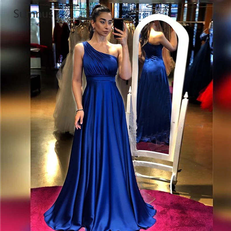 

Sumnus 2022 Vintage Royal Blue Long A-line Evening Dresses One Shoulder Floor Length Prom Dresses Stain Vestidos De Gala New