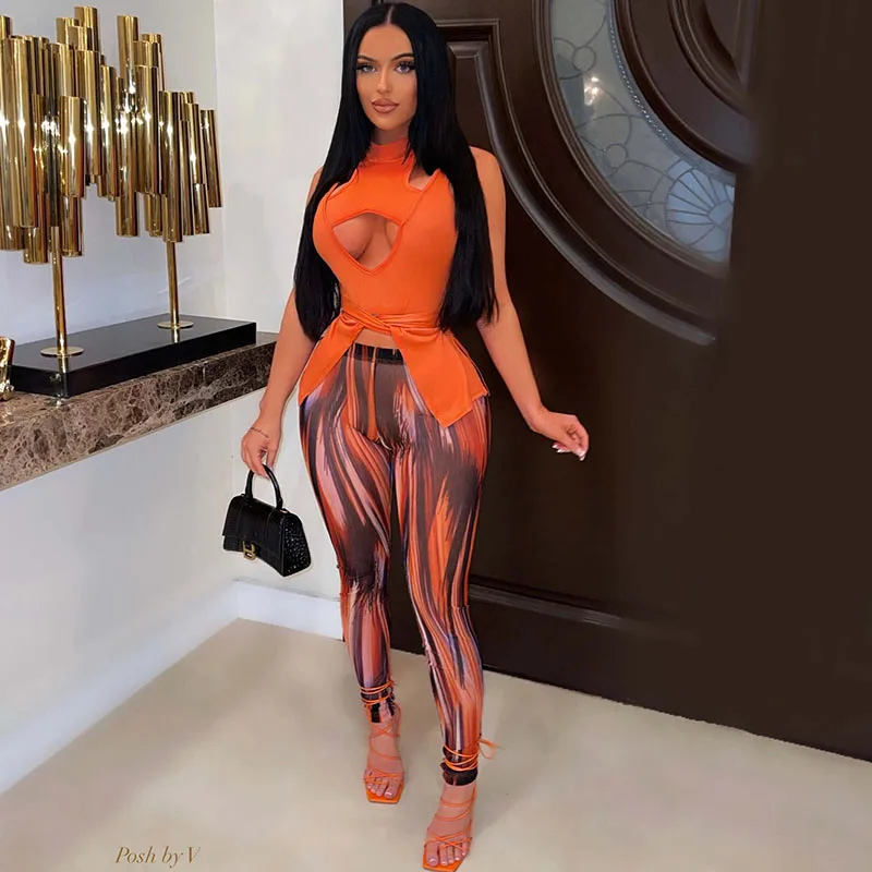 

Sexy Outfits for Woman Club Wear Cut Out Bandage Tops and Printed Leggings Set Festival Clothing Birthday Two Piece Set Women