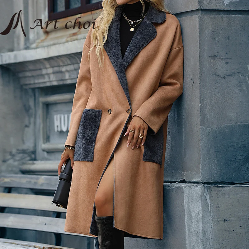 

Autumn And Winter New Women's Fur One Piece Imitation Fur Solid Color Fashion Temperament Large Pocket Lapel Suede Extended Coat