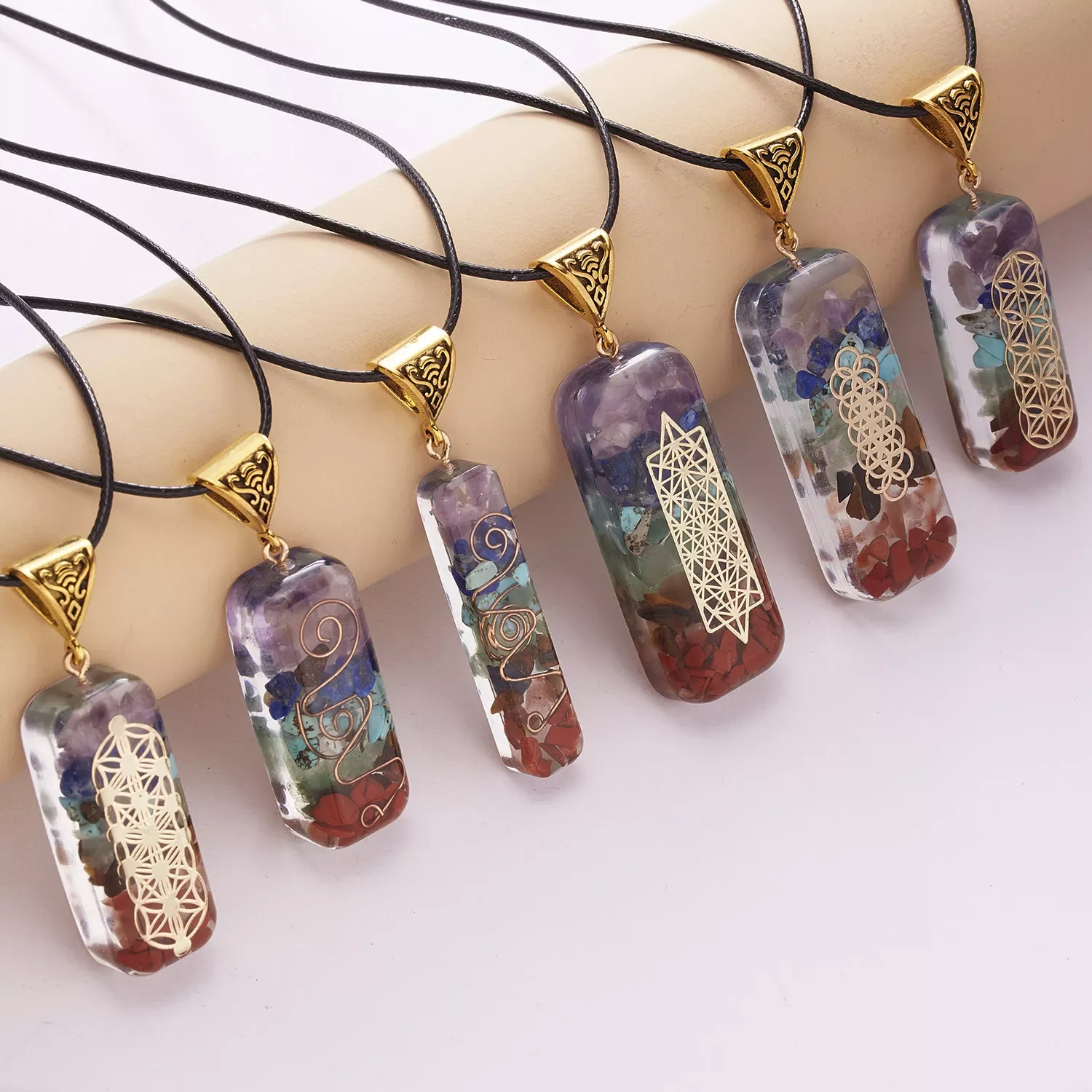 Seven Chakras Healing Necklace For Women Men Colorful Natural Stone Geometric Pendant Rope Chain Necklace Fashion Jewelry
