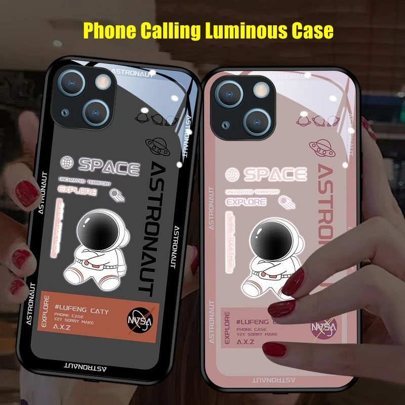 

Cute Astronaut LED Light Glowing Luminous Tempered Glass Phone Case for Xiaomi 11 12 13 Redmi K40 K50 Pro Lite Ultra Cover