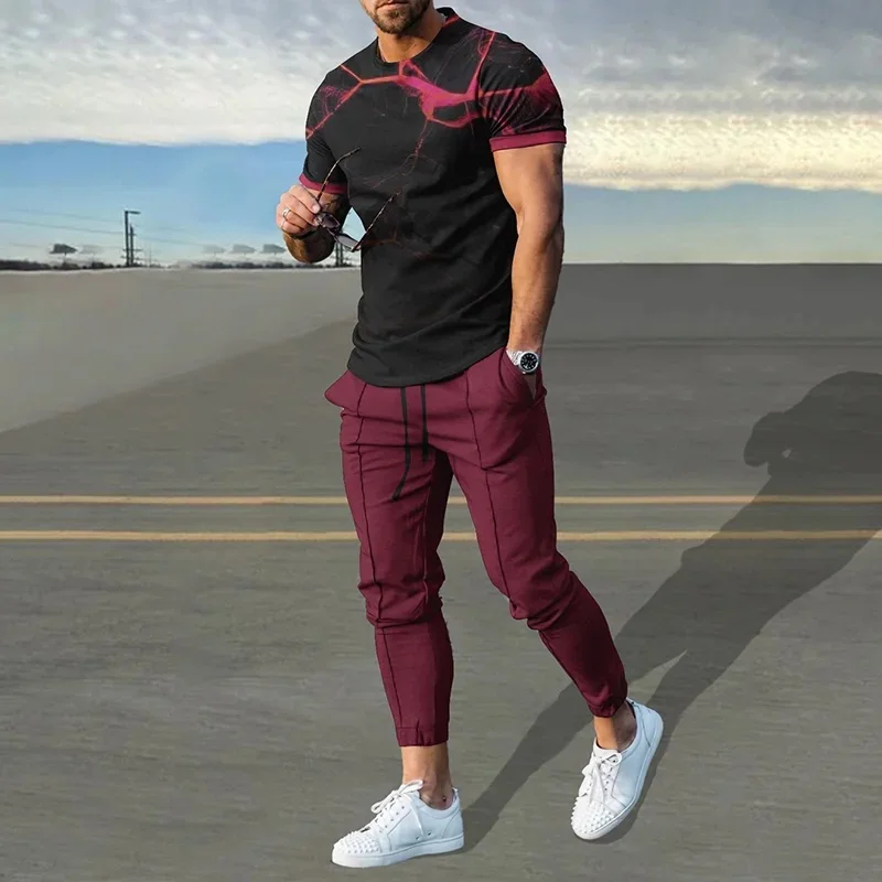 

Summer Men's T-shirt Long Pants Tracksuit Geometry 3D Print T Shirts Trousers Set 2 Pieces Streetwear Oversized Suits Sportswear