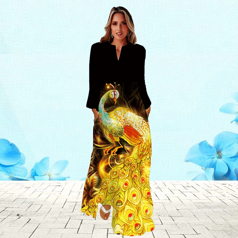 

WAYOFLOVE Casual Long Dress Woman Vintage Long Sleeve Holiday Peacock Print Autumn Dresses Women Beach Party Elegant Dress Women