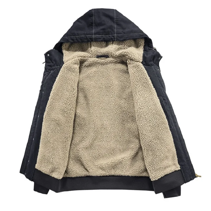Winter Washed Cashmere Workwear Hooded Jackets Imitation Lamb Fleece Warm Jacket Outdoor Sports Casual Coats Parka Hombre