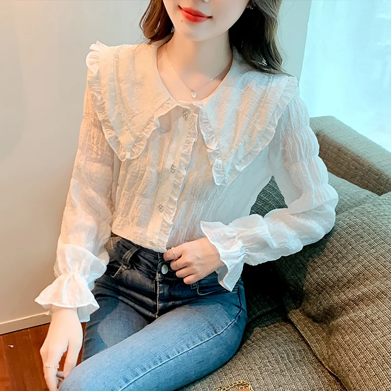 

Real shot video 2022 Весенняя рубашка для женщин с длинным рукавом Джокер облегающая шифоновая рубашка для девочек, 631a,hai,0313-22