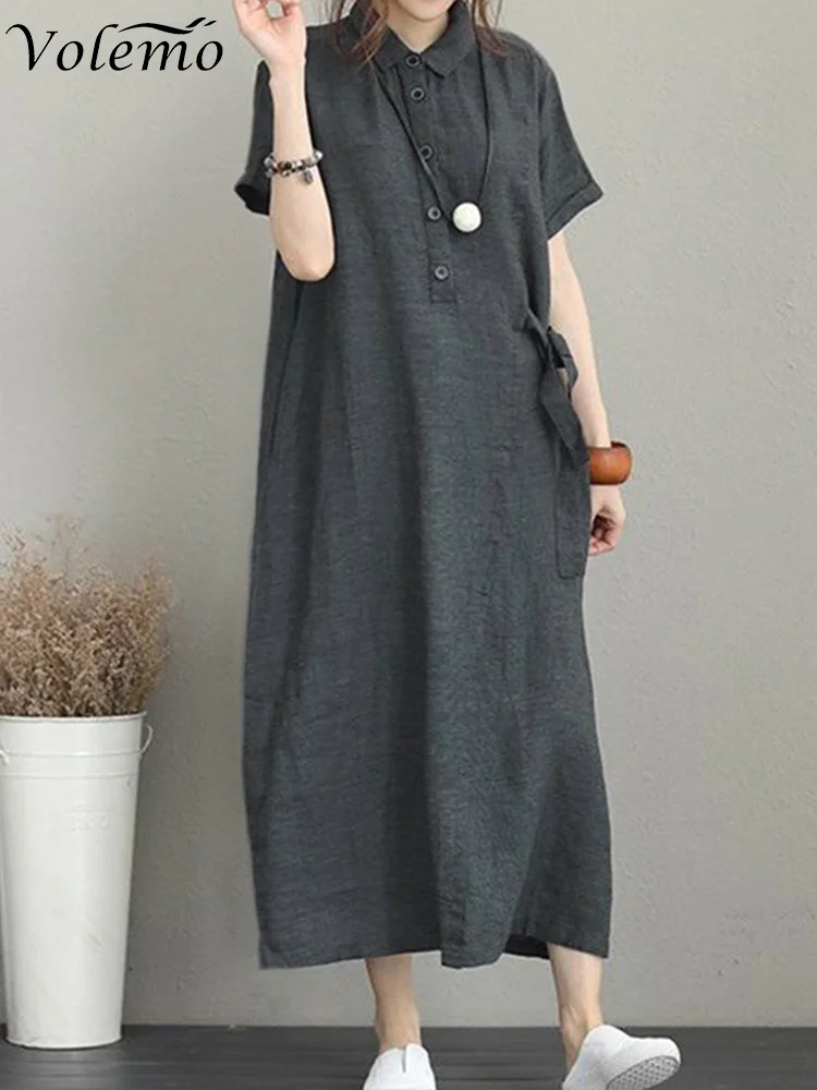

Volemo Dress Cotton Linen Short Sleeved V-neck Big Swing Dress Women Dresses for Women 2022 Plus Size Women's Summer Dress