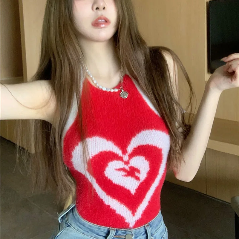 

Heart Print Sleeveless Summer Halter Sexy Tank Tops Women Fashion High Street Backless Crop Top Streetwear Knitted Vest 2022 New
