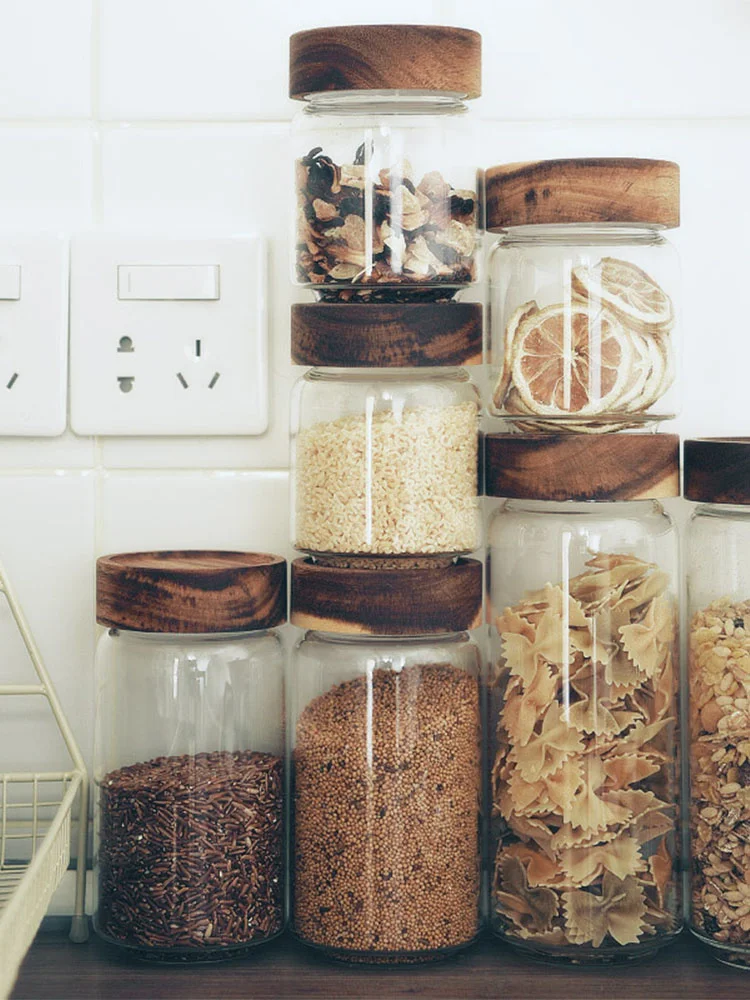 

Acacia Mangium Wooden Lid Screw Cap Borosilicate Glass Kitchen Coffee Bean Tea Storage Sealed Tank