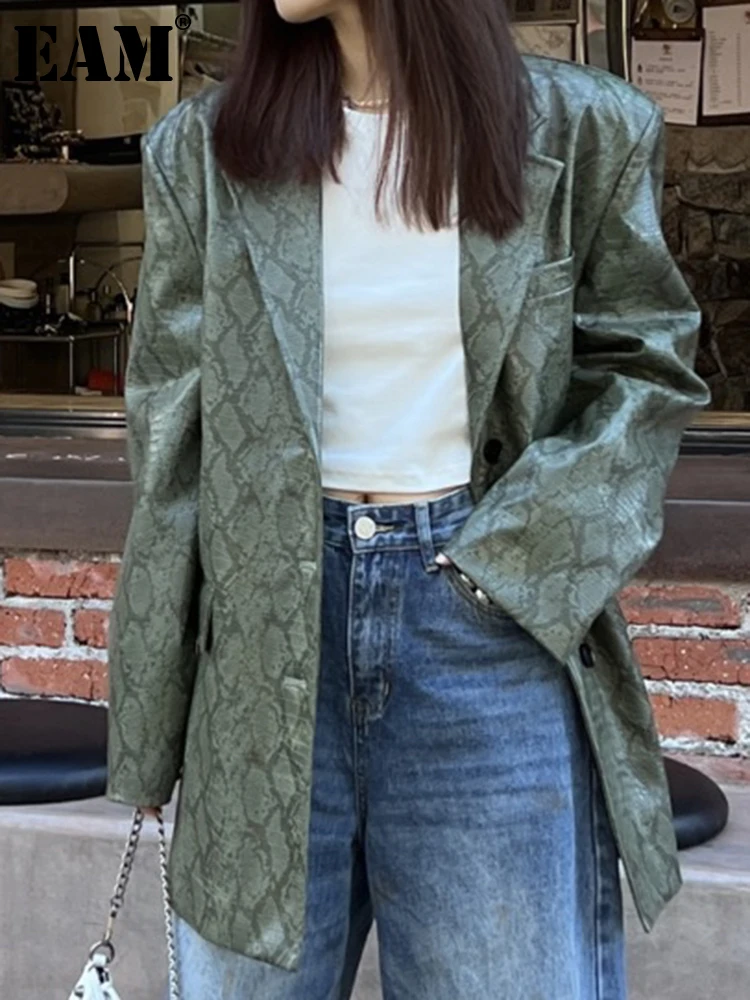 

[EAM] Loose Fit Green Pattern Pu Leather Big Size Jacket New Lapel Long Sleeve Women Coat Fashion Spring Autumn 2022 1DF1244
