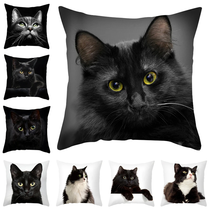 

Children's Cartoon Cat Print Cushion Cover 45x45 Funny Picture Sofa Pillowcases for Black Cat Coffee Room Decorative Pillow Case