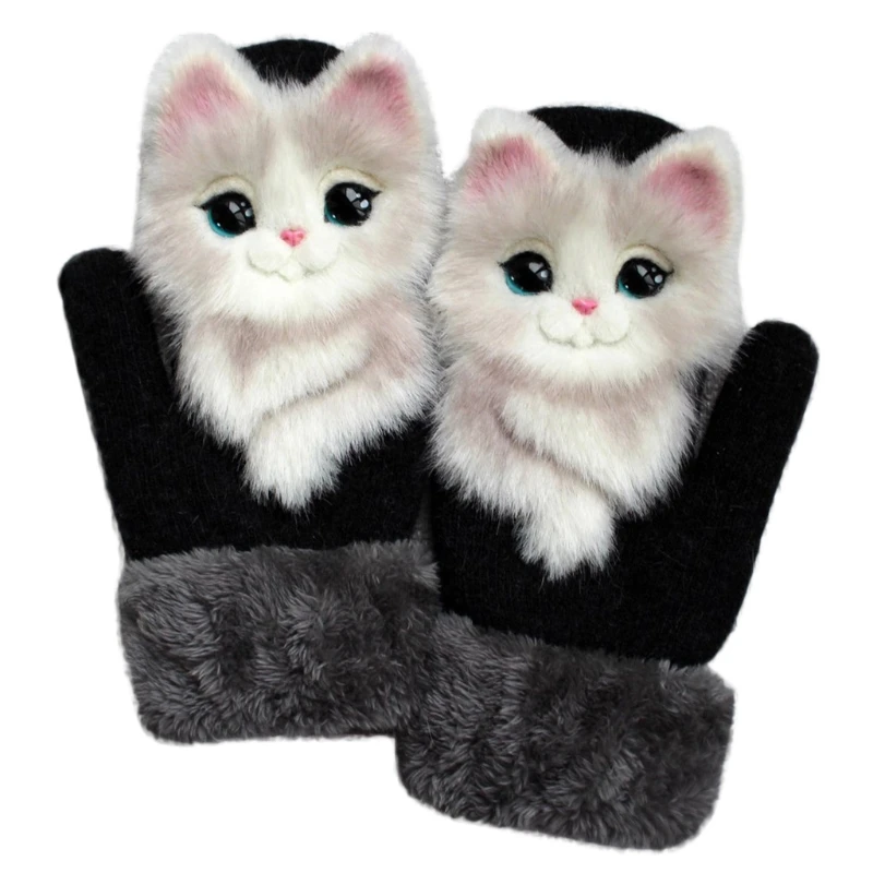 

X7YA Womens Winter Cozy Knit Thick Gloves Novelty Cute Cartoon 3D Plush Animal Warm Lining Mittens Cold Weather Accessories