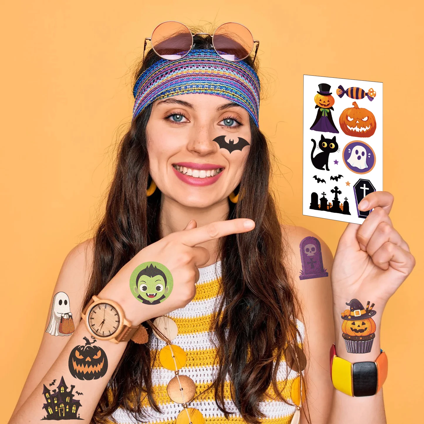 Тату-наклейки на Хэллоуин с тыквой 10 шт