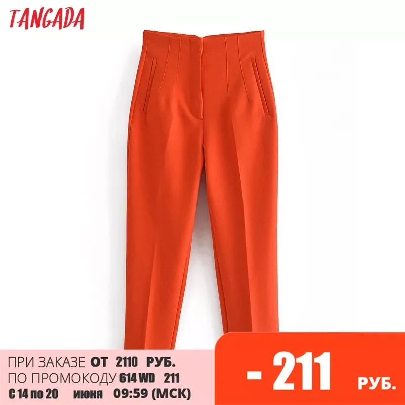 

Tangada Fashion Women Orange Suit Pants Trousers High Waist Pockets Buttons Office Lady Pants Pantalon QN51