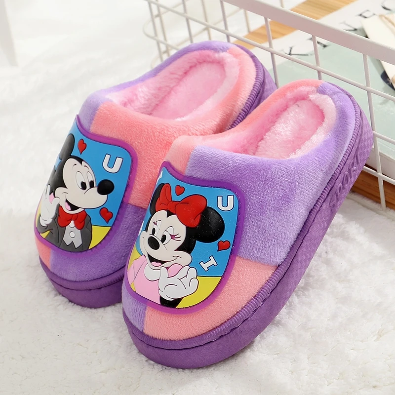 

Disney Home Shoes Slipper For Childrens Mickey Minnie Mouse Winter Warm Cotton Red Non-slip Indoor Shoes For Kids Size 17-26CM