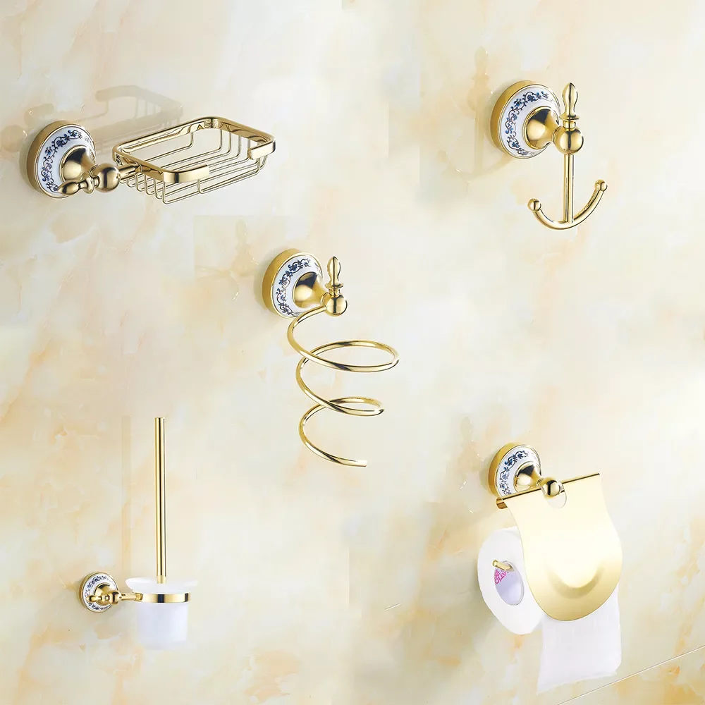 

Ceramic gold set includes soap box, toilet brush, coat hook, toilet paper holder, hair dryer holder.