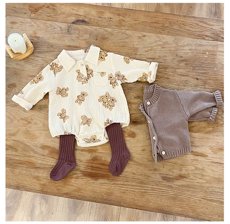 Spring Korean Baby Boy Girls Romper Newborn Organic Cotton Cartoon Bear Print Puff Sleeve Shorts Suit Baby Cute Bear Clothes Set