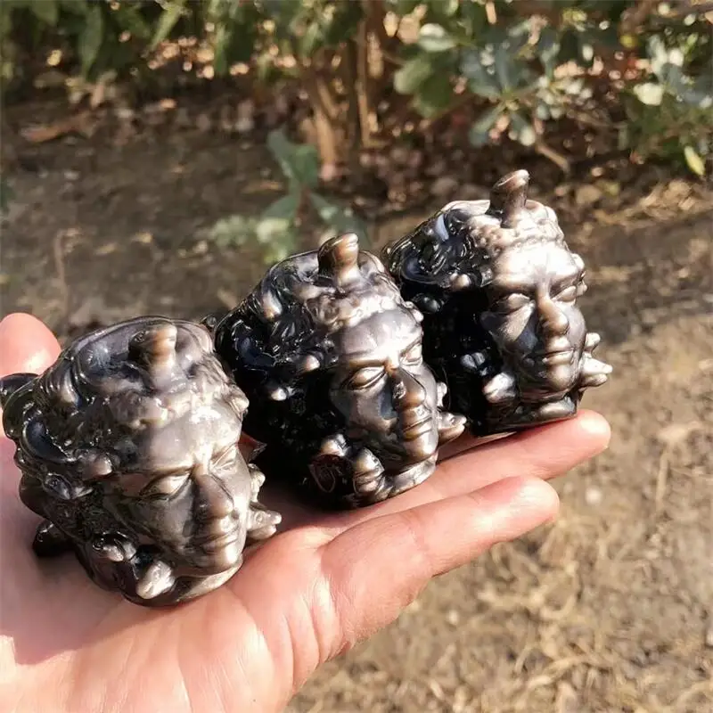 5 см натуральный серебряный обсидиан Медуза череп резьба исцеление фэншуй камни