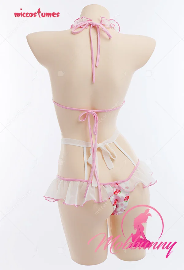 Women Strawberry Pattern Decorated Heart-shaped Transculent Top Lingerie Sleepwear Sexy Costume with Thong