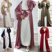 balloon sleeve open abaya 2022 summer dubai elegant womens dress muslim sets moroccan jellaba turkish islamic clothing satin