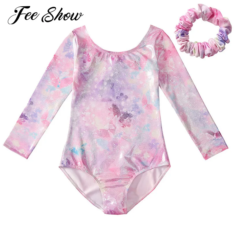 

Lovely Kids Girls Gymnastics Leotards Jumpsuit Long Sleeve Shiny Print Yoga Ballet Dancewear Gym Bodysuit Rompers with Hair Band