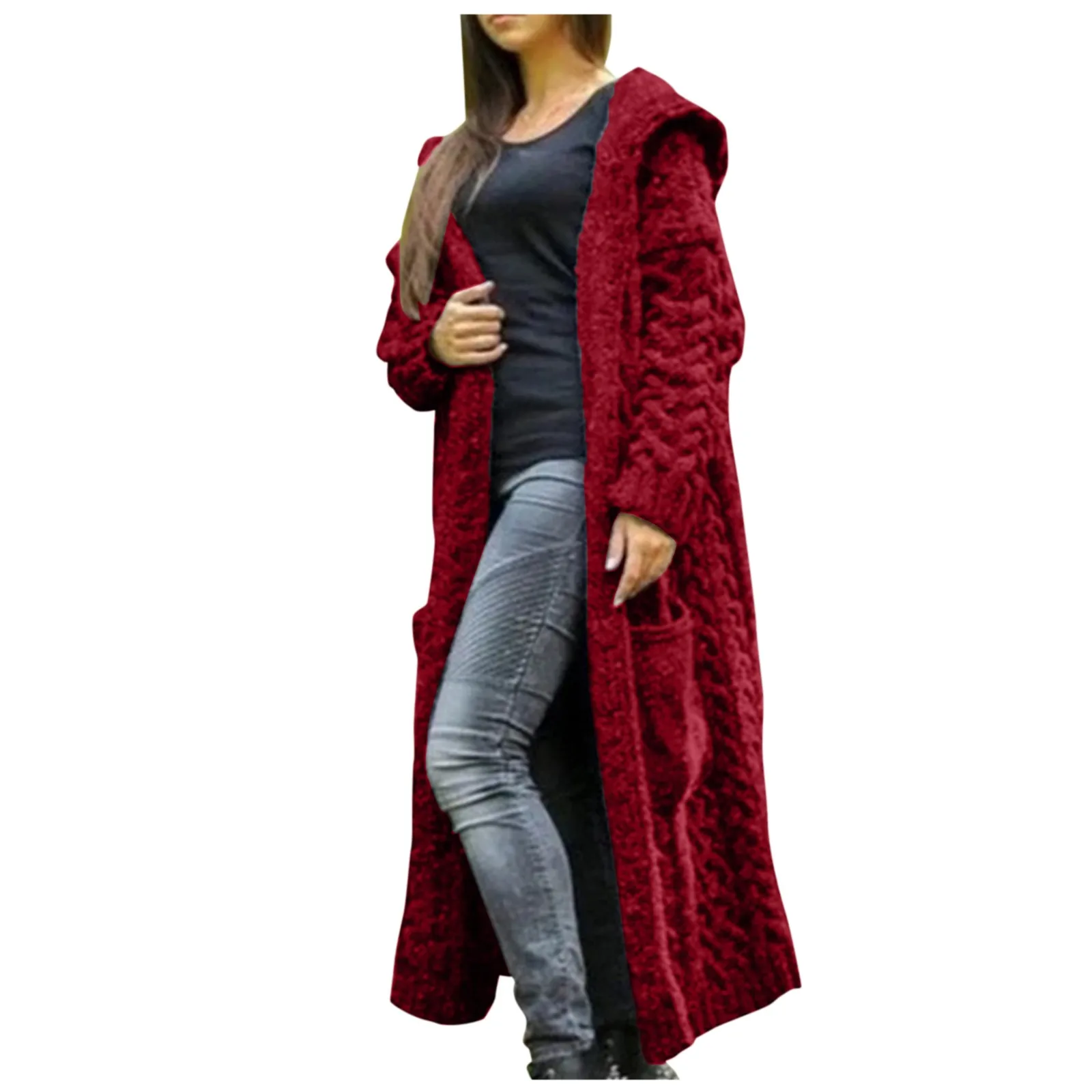 

Women Winter Cardigans Solid Color Long Sleeve Braid Knit Cardigan Hooded Sweater Coat Overcoat Loose Sweaters Coat 2022 New