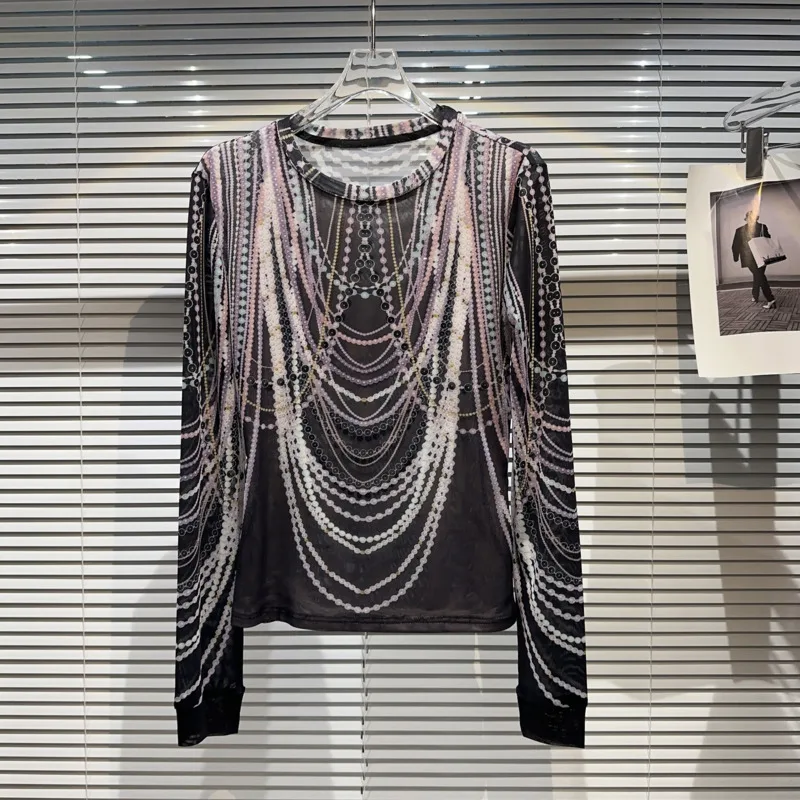 

BORVEMAYS Pearl Chain Printing Mesh T-shirt Summer Thin O Neck Long Sleeve Patchwork Contrasting Colors Summer Tops WZ3342