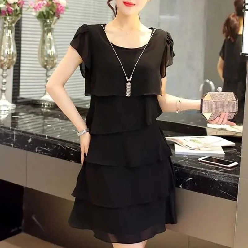 Summer slim mid-length chiffon dress loose short sleeves to send mom's pajamas fashion simple o collar casual peplum nightdress