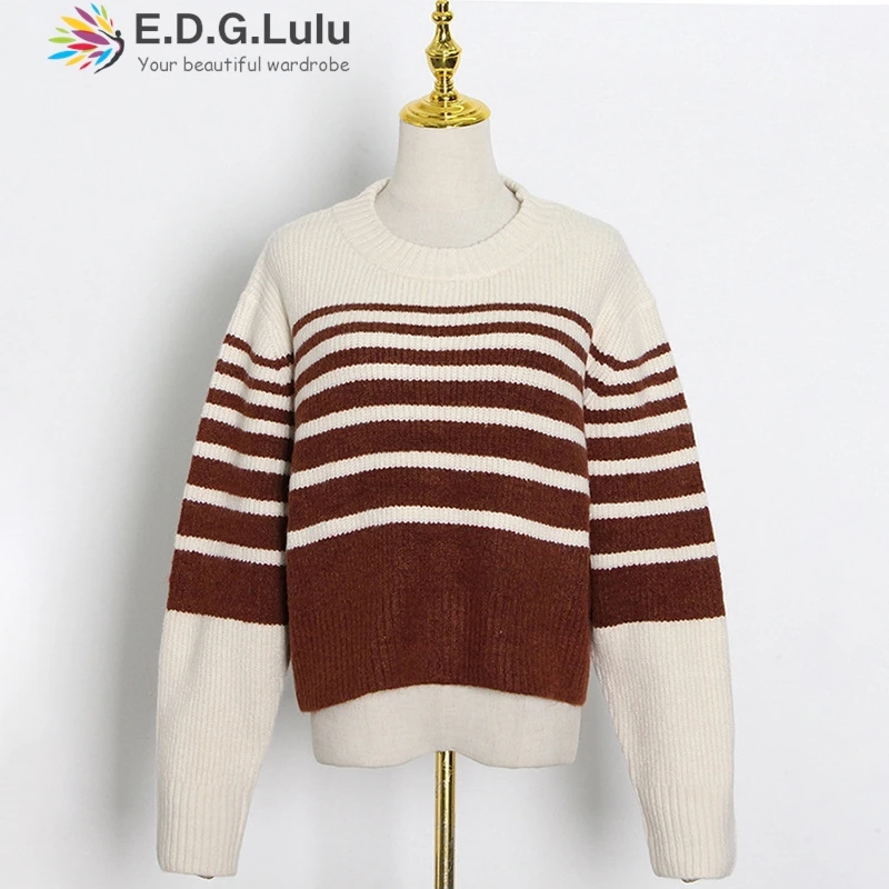 EDGLuLu Новый Полосатый укороченный свитер в Корейском стиле Женский винтажный