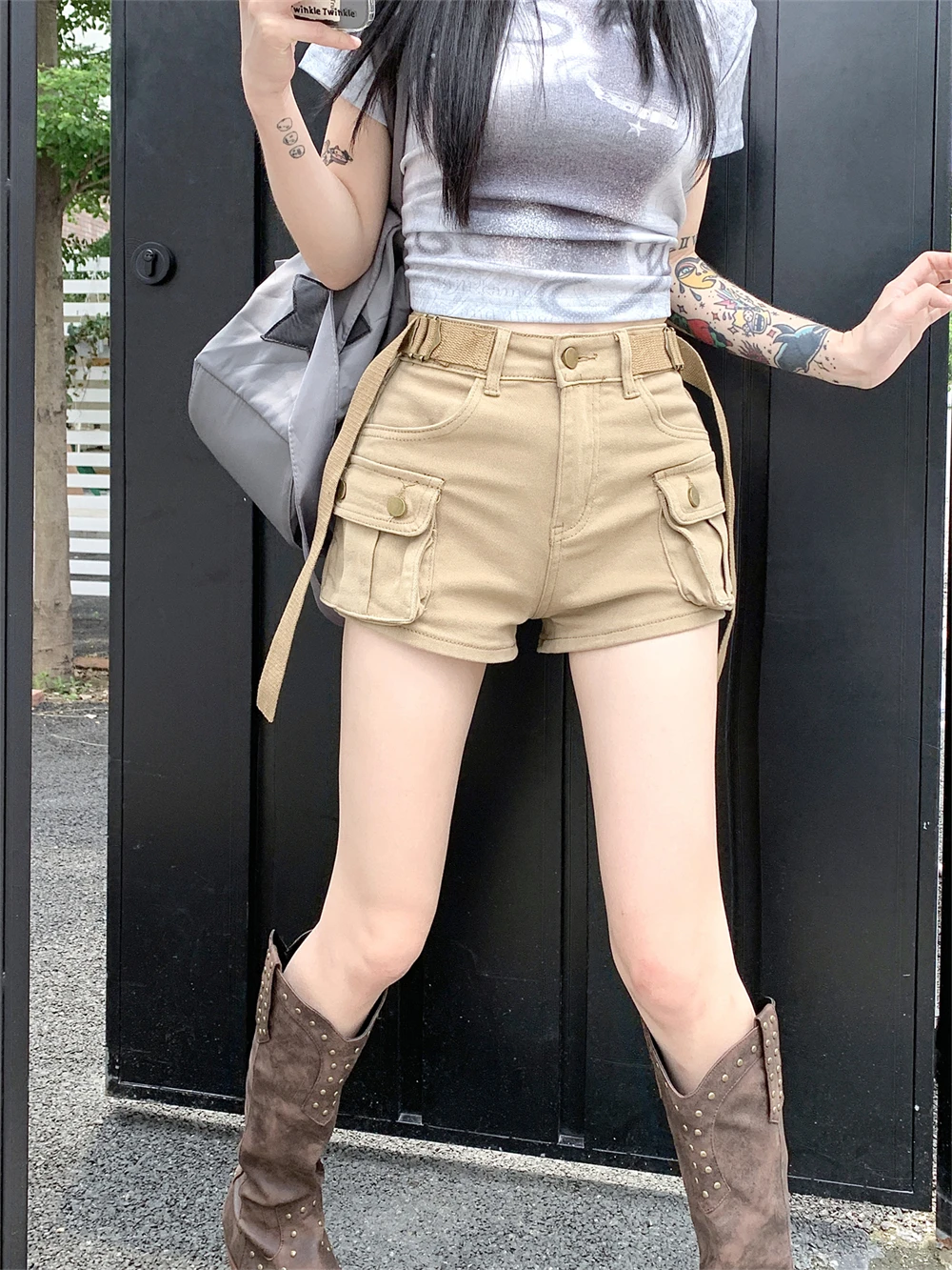 2023 New Spring Summer Women's Wear High Waist Elastic Slim Pocket Cargo Pants Denim Pants Thin Shorts