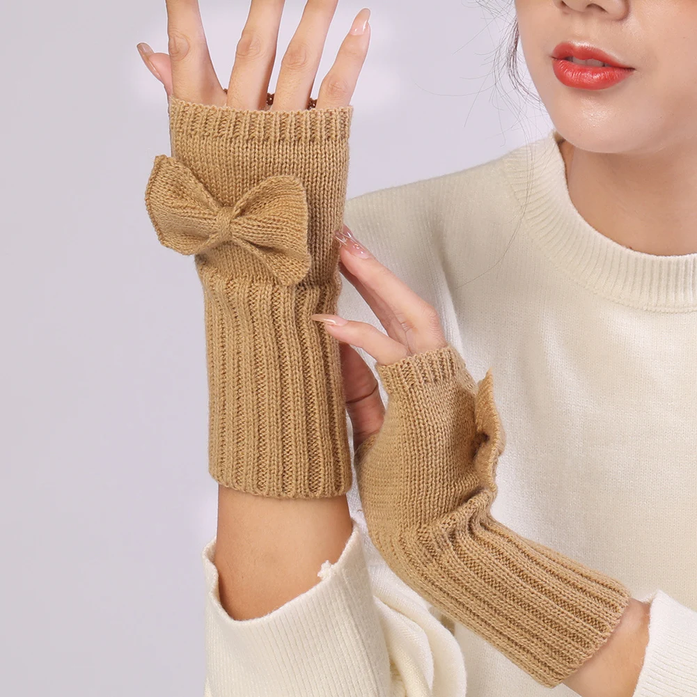 

2023 женские перчатки с бантом на полпальца, зимние мягкие теплые шерстяные вязаные перчатки на руку, мягкие теплые варежки, женские перчатки ...
