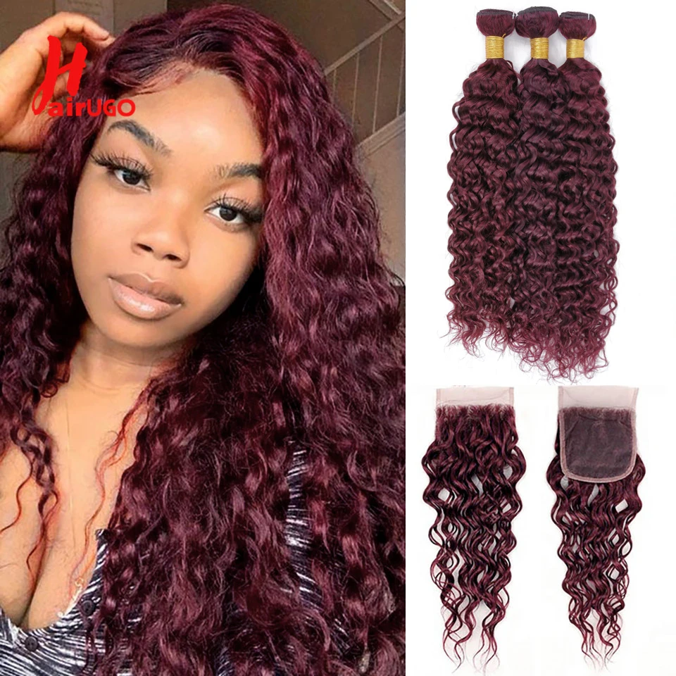 HairUGo Brazilian 99J Water Wave Bundles With Closure Burgundy Ombre Human Hair Closure With Bundles Remy Pre-Colored Hair Weave