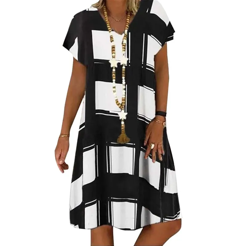 

Women Beach Boho Loose Midi Dress Summer Lattice Print Casual Dress Women's V-neck Short Sleeve Vintage Dresses