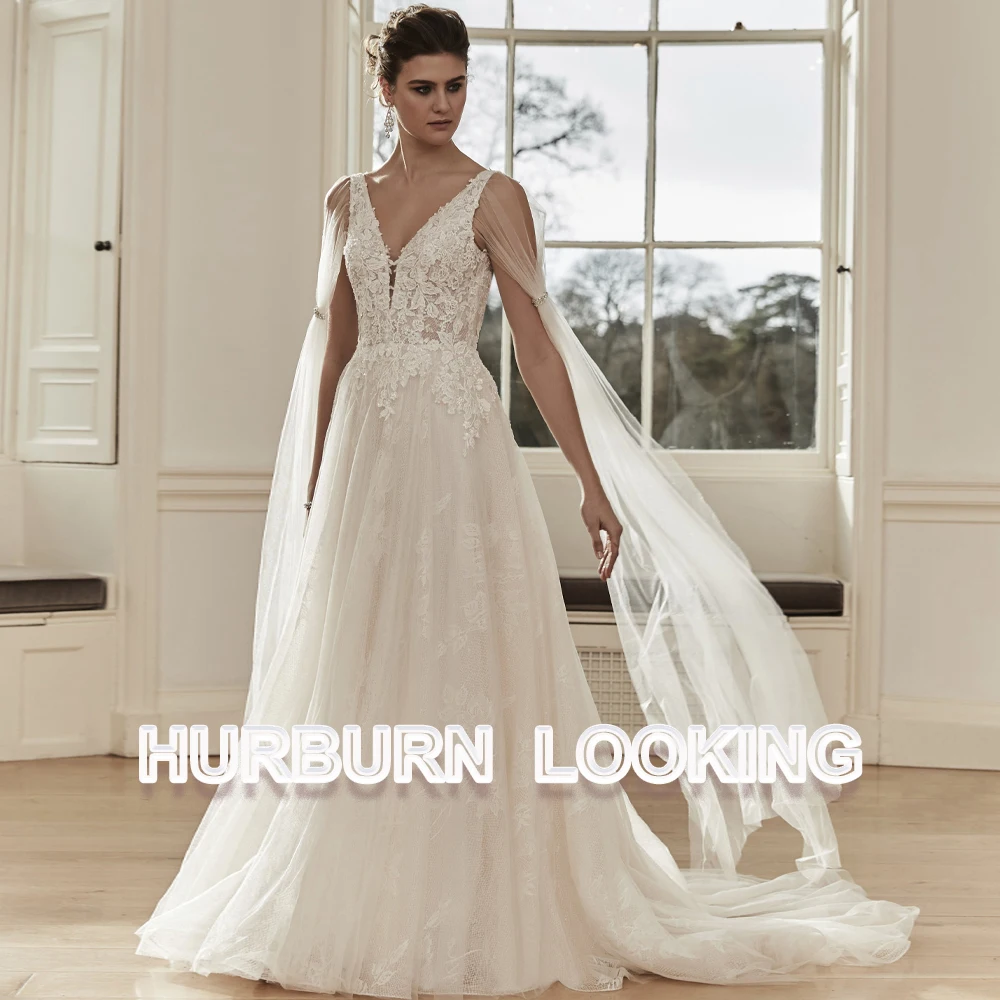 

HERBURN V-Neck Wedding Dresses Tank Deep V-Neck Backless Sweep Train Appliques Pleated Tulle Lace Vestidos De Novia Custom Made