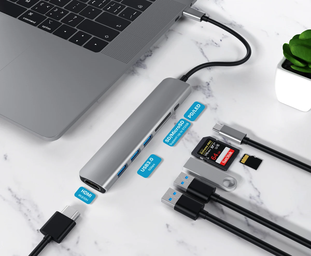 

USB 3.0 Type-C To HDMI Adapter 4K Thunderbolt USB C Hub with Hub 3.0 2.0 TF SD Reader Slot PD for MacBookPro Air USB C Splitter