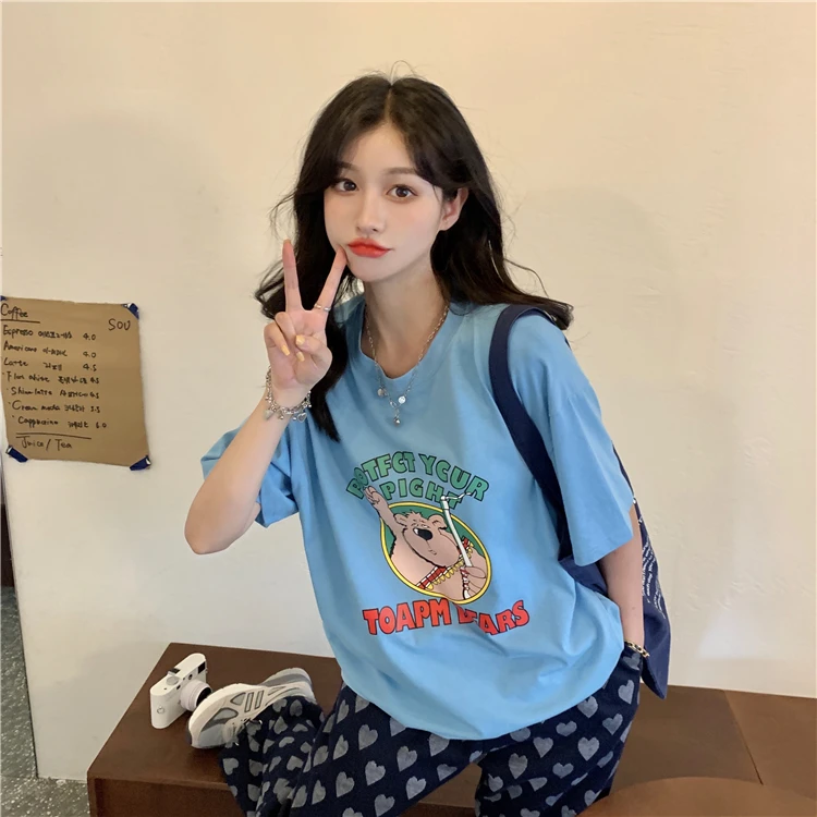 

Женская свободная футболка в стиле ретро, летняя футболка средней длины с мультяшным принтом медведя, 7366