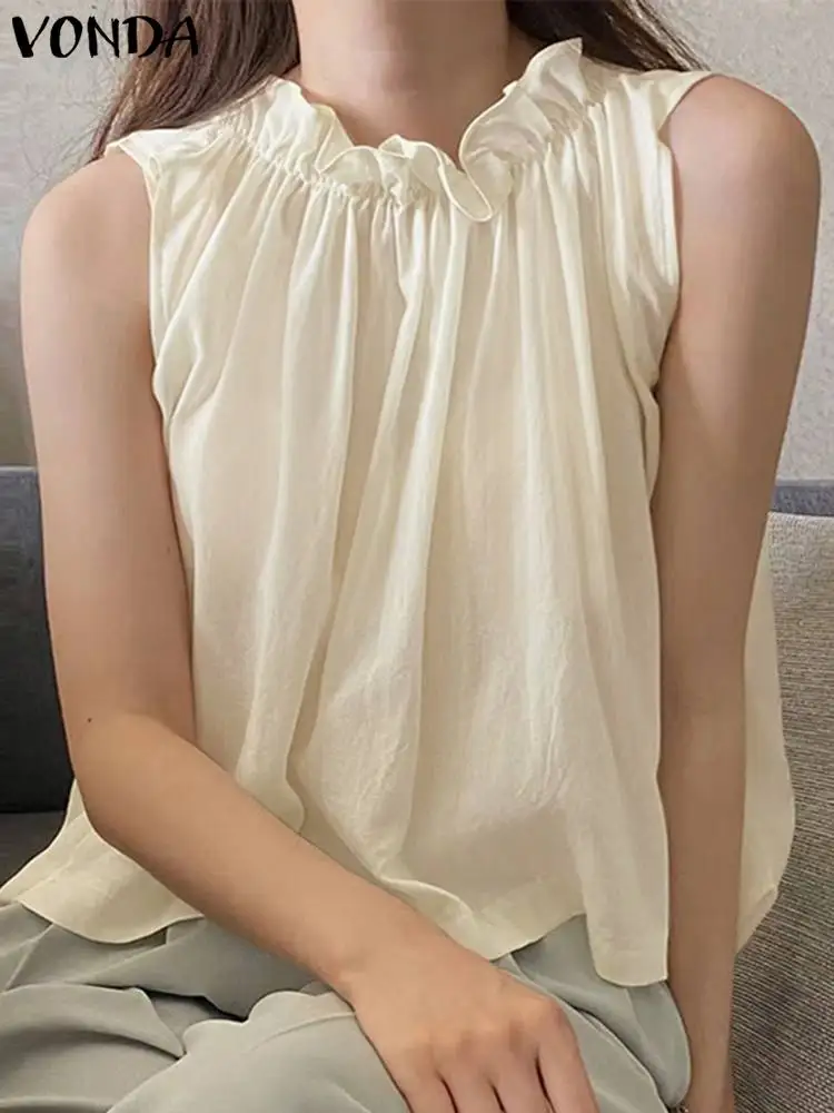

Fashion Woman Elegant Blouses 2022 VONDA Korean Round Neck Sleeveless Blusa Pullover Shirts Camisas Top Oversized Tops Femininas