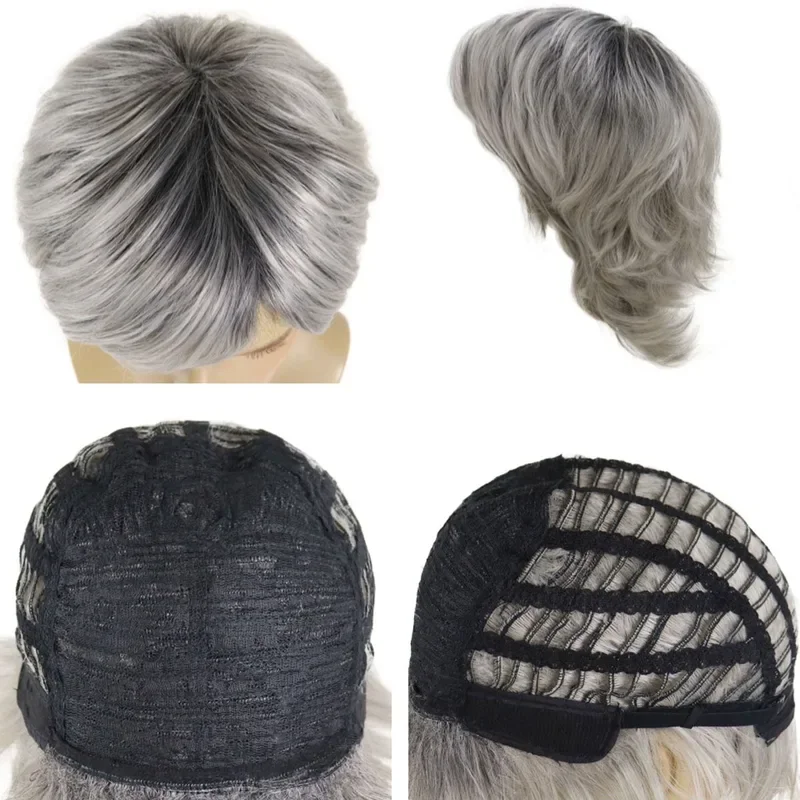 Серые парики Омбре для мужчин короткие синтетические волосы с челкой темными